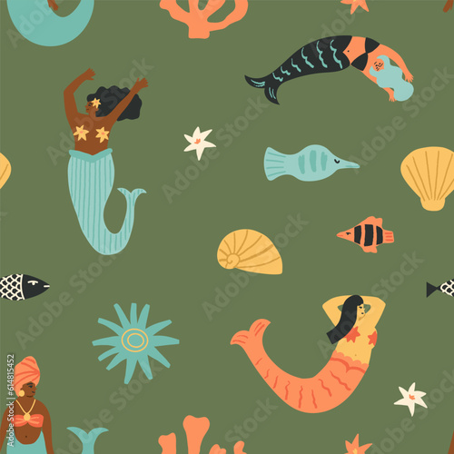 Cute mermaids party repeat, diversity vector seamless pattern. Happy African Mermaid dances, oriental girl enjoys water