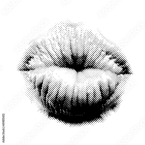 Air kiss, halftone collage element. Crazy vector template in dot style, contemporary design art. Beautiful female mouth, happy mood. Send a romantic message of love.