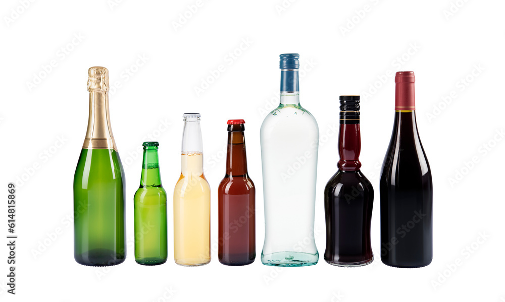 Liquor, Martini, Vodka, beer, wine, champagne. Alcoholic beverages, bottles. Collection of bottles isolated on transparent background. Studio photography. Liquor, Martini, Vodka, beer, wine, champagne. Alcoholic beverages, bottles. Collection of bottles isolated on transparent background. Studio photography.