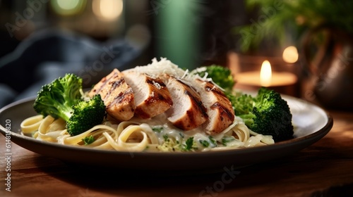 Fettuccine Alfredo with steamed broccoli and grilled chicken on a wooden table
