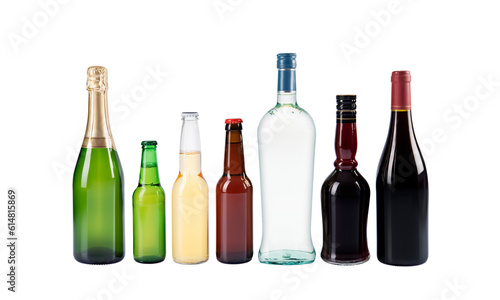 Liquor, Martini, Vodka, beer, wine, champagne. Alcoholic beverages, bottles. Collection of bottles isolated on transparent background. Studio photography.