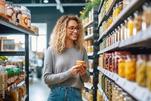 Smiling woman with supermarket product in hand. Created with AI.