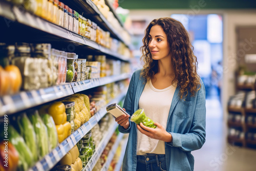 Woman choosing fruits in grocery store. Created with AI.
