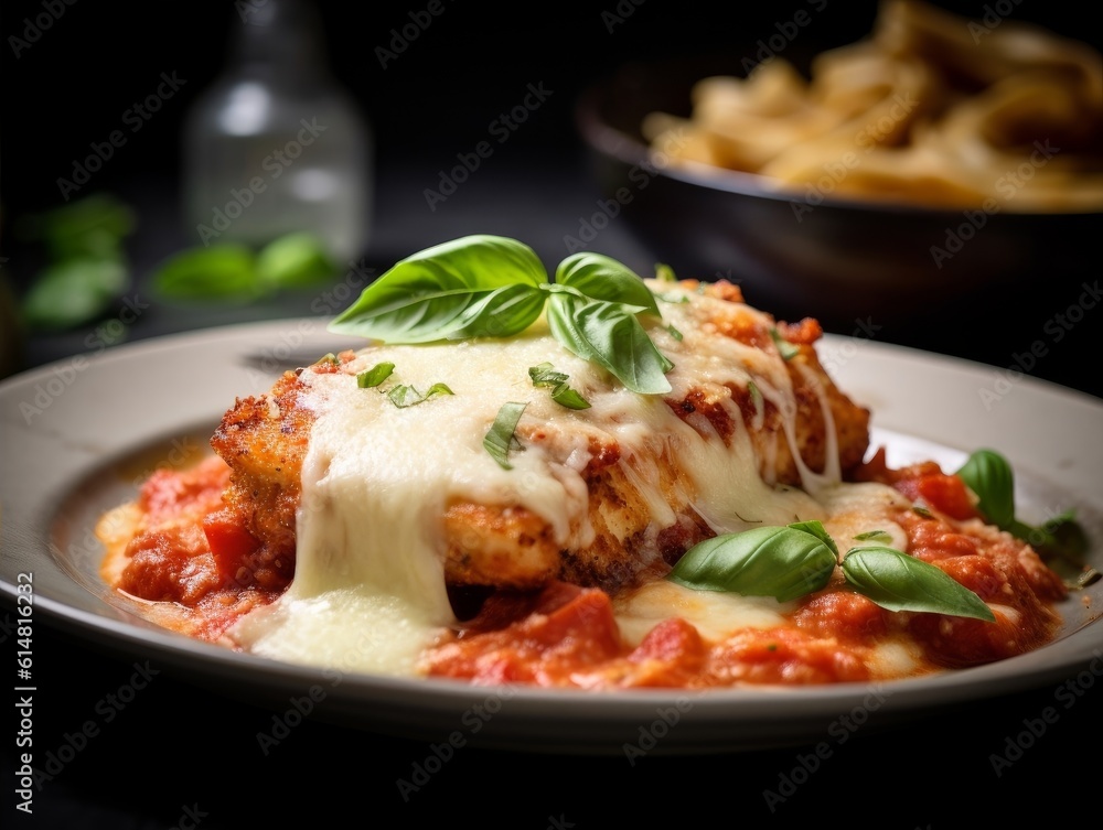 Pollo alla Parmigiana with melted cheese and tomato sauce, garnished with fresh basil on a white plate Pollo alla Parmigiana with melted cheese and tomato sauce, garnished with fresh basil on a white plate