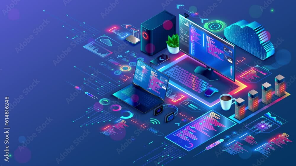 Computer software technology. 3d rendering isometric animated background. PC, laptop, phone , tech symbols of apps, development software of mobile devices, desktop computer. Computer tech background