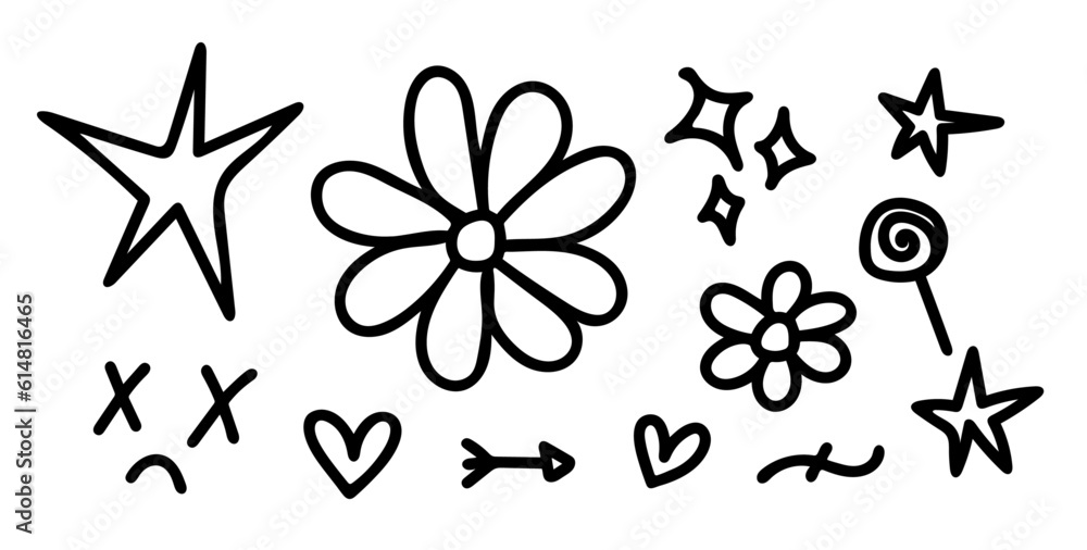 Doodle, scribble sketches set. Star, sparks, flower, heart, arrow, lollipop and dead emoji in hand drawn style with pen, pencil or marker. Outline tattoo or clothes print sketch (Full Vector)