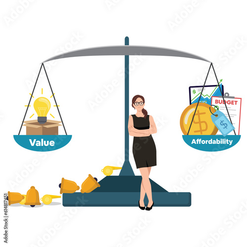 Woman leaning on a scale with value and affordability. The cost of energy concept: weighing scale with electric lamp on one plate and cash money on the other side