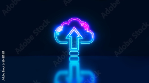 Neon cloud upload data neon sign in blue with reflection background. Cloud technology.