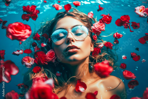 portrait of beauty girl floating in pool surrounded flowers. beauty summer concept. resort concept. generative AI