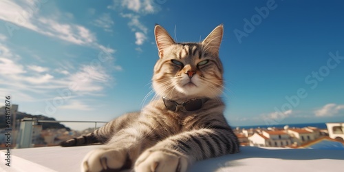 A cat with fashion sunglasses, is lying On the roof, traveling at the beach, photography, photorealistric, 8k, ultrawide angle lens, wide angle view, full - body