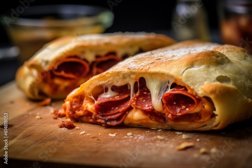 calzone sliced in half, revealing a gooey cheese and pepperoni filling photo