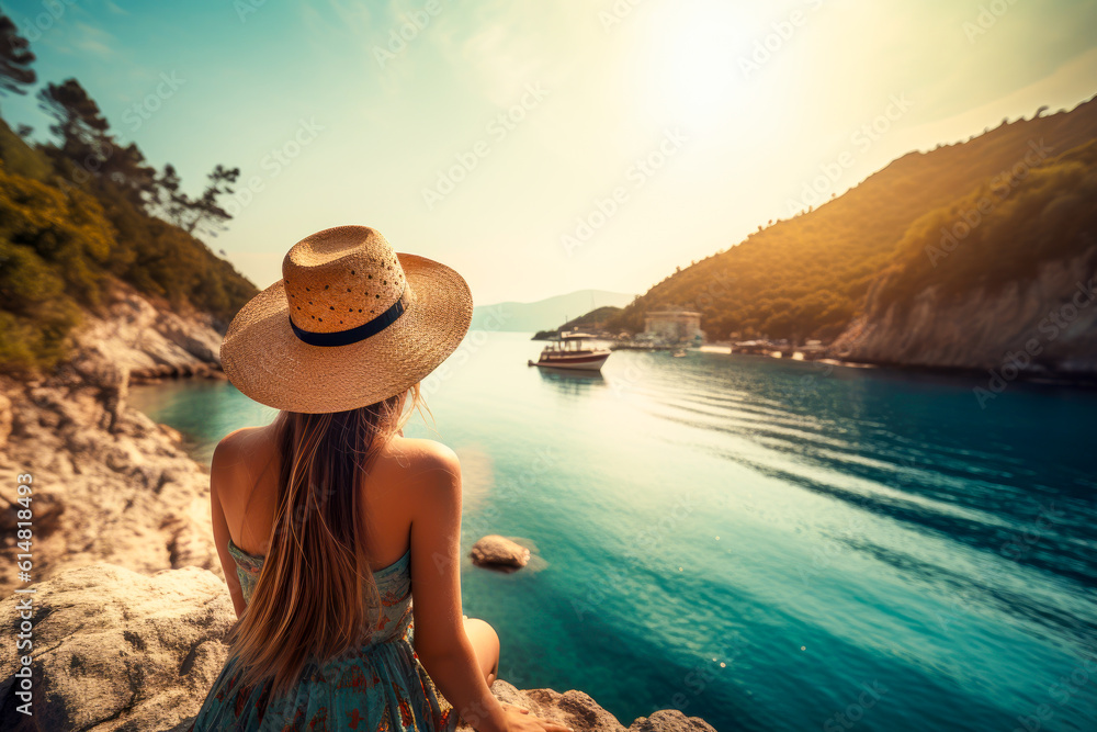 back view of Young woman on sea vacation. tourist girl in hat at a seaside resort. travel concept. summer time. Generative AI 