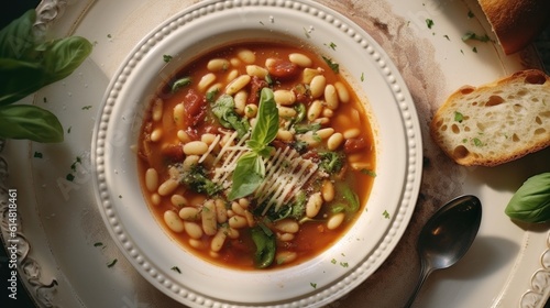 Pasta e Fagioli served on a white plate, taken from above, showcasing the beans and pasta in the dish