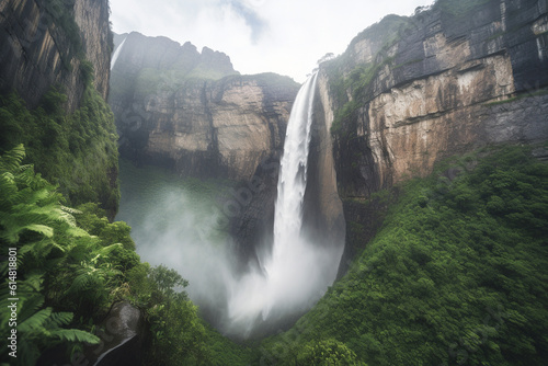 Waterfall in the mountains  Nature s Symphony  The Captivating Power and Tranquility of a Majestic Waterfall  Where Towering Cliffs Meet Lush Greenery and Mist-Filled Air