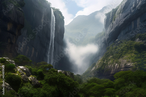 Waterfall in the mountains  Nature s Symphony  The Captivating Power and Tranquility of a Majestic Waterfall  Where Towering Cliffs Meet Lush Greenery and Mist-Filled Air