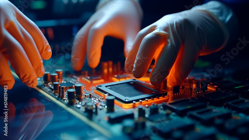 Factory workers as skillfully insert components onto motherboard, Generative AI © REC Stock Footage