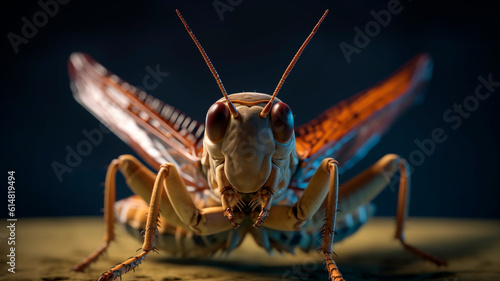 A single brown locust grasshopper close portrait. Macro shot, Generative AI photo