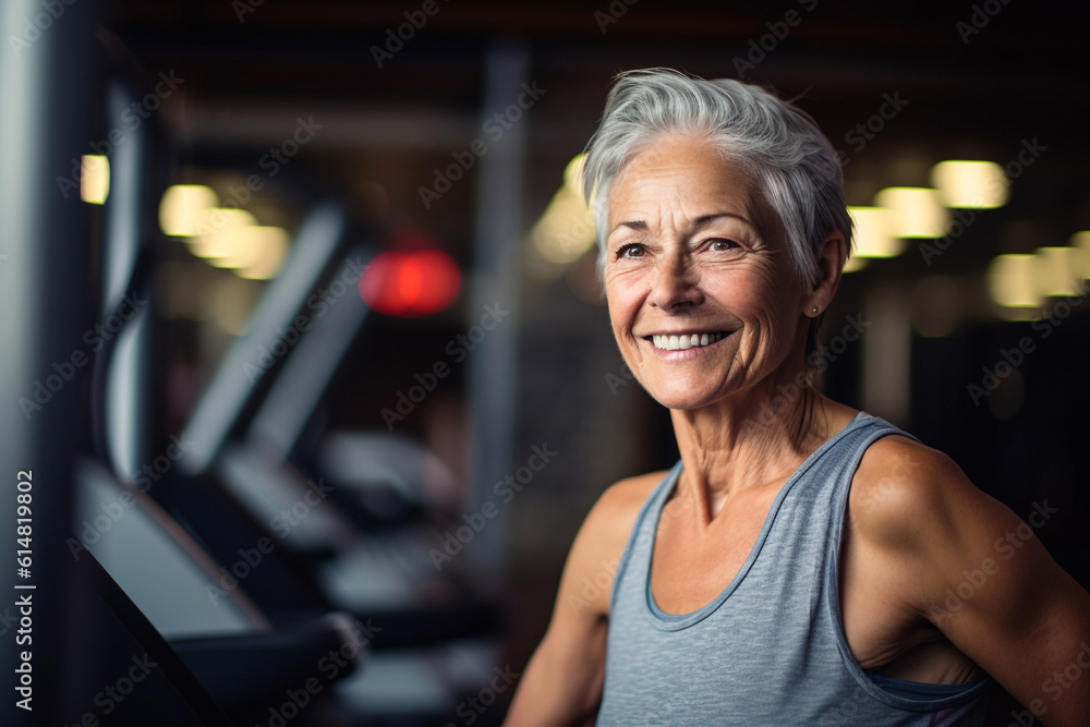 Portrait of a happy senior woman exercising in the gym. High quality photo