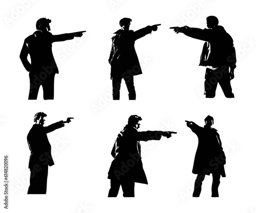 set of silhouettes of angry man, pointing finger, challenging