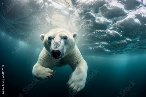 A captivating sight of a polar bear gracefully swimming in the icy waters  showcasing its adaptability and strength in its natural habitat. Ai generated