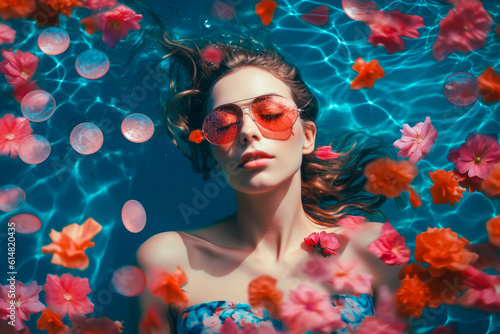 portrait of beauty girl swimming in pool surrounded by petals of flowers. resort concept. generative AI