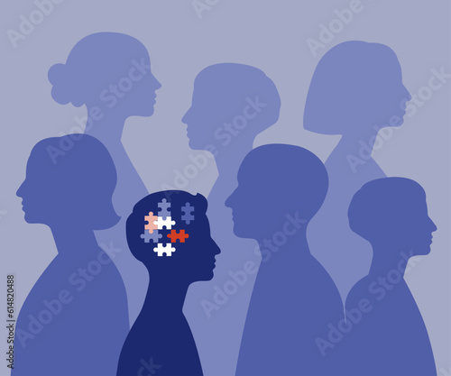 Autism spectrum disorder illustration. Crowd silhouette including one different person. Neurodiversity concept.