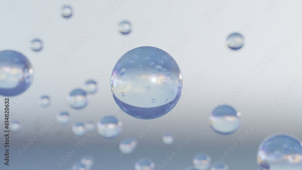 Water bubbles on an abstract science background. cosmetic Designing bubbles with moisturizers. Concept of vitamins for beauty and personal care. 3D rendering