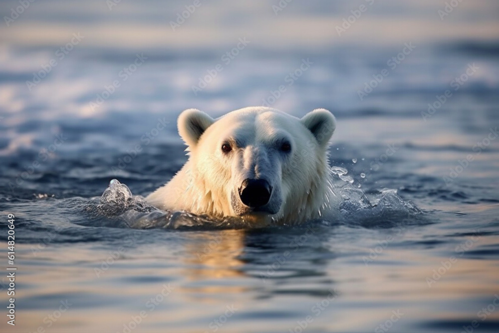 A captivating sight of a polar bear gracefully swimming in the icy waters, showcasing its adaptability and strength in its natural habitat. Ai generated