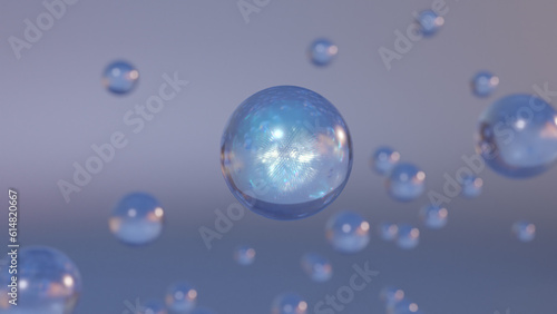 3D cosmetic rendering Bubbles of serum on a blurry background. cosmetics design with a miracle bubble. Transparent balls, creative bubbles, and holographic liquid blobs floating in space.