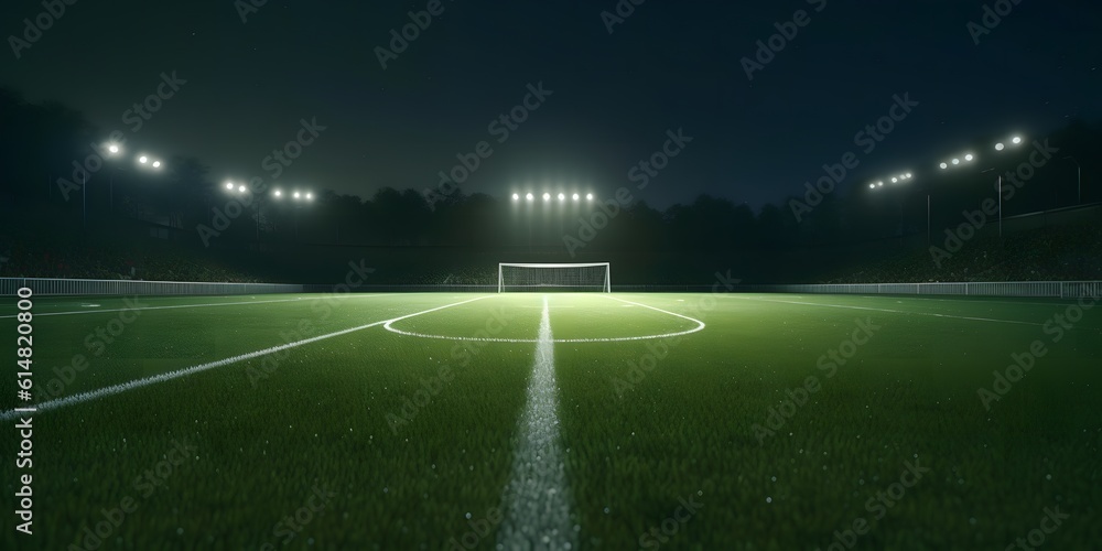 Green soccer field, bright spotlights