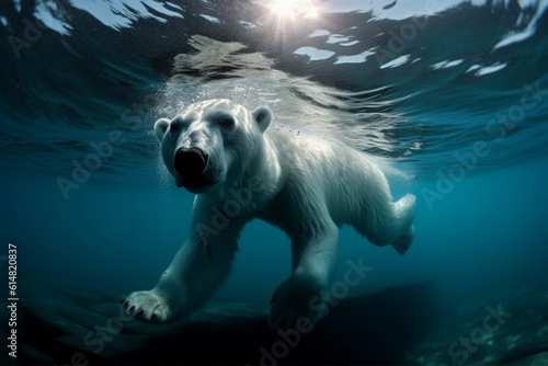 A captivating sight of a polar bear gracefully swimming in the icy waters  showcasing its adaptability and strength in its natural habitat. Ai generated
