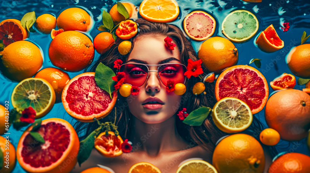 Beautiful Girl Floating On Water With Fresh Tropical Fruits. Resort, spa concept. Generative AI. 