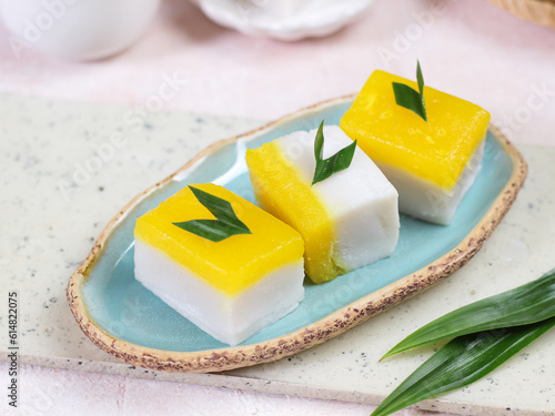 Talam Cake or in Indonesia called kue talam with pandan leaves