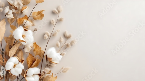 Autumn composition. Frame made of eucalyptus branches, cotton flowers, dried leaves on pastel gray background. Autumn, fall concept. Flat lay, top view. AI Generative. photo