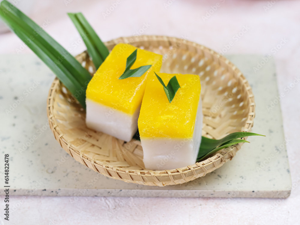 Talam Talam Cake or in Indonesia called kue talam with pandan leaves Stock ...