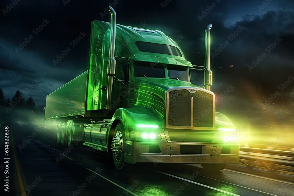 peeding truck in motion against the backdrop of a nocturnal setting. Dynamic energy and intensity of the truck's movement through a combination of bold brushstrokes and vibrant shades of green.