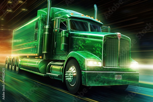 peeding truck in motion against the backdrop of a nocturnal setting. Dynamic energy and intensity of the truck's movement through a combination of bold brushstrokes and vibrant shades of green. photo