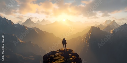 iker at the summit of a mountain overlooking a stunning view. Apex silhouette cliffs and valley landscape photo