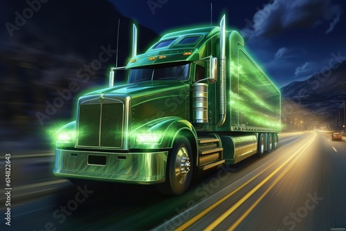 peeding truck in motion against the backdrop of a nocturnal setting. Dynamic energy and intensity of the truck's movement through a combination of bold brushstrokes and vibrant shades of green.