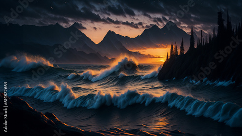 Beautiful ocean shore, sunset, spruce waves visible