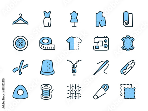 Sewing, tailoring, and fashion design related pixel perfect blue style outline icons set vector illustration. photo