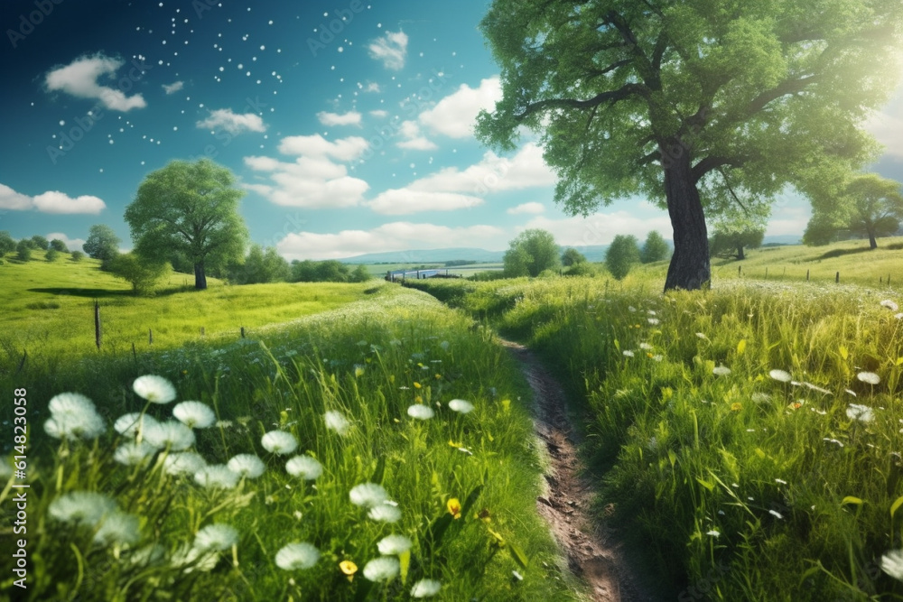 A picturesque scene of a vibrant and abundant green field adorned with charming dandelions, offering a serene and enchanting view of nature's beauty. Ai generated