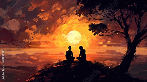 Two people sit atop a hill, embracing the serenity of nature. The vast expanse of the landscape stretches out before them, painted in soft hues of sunset. 