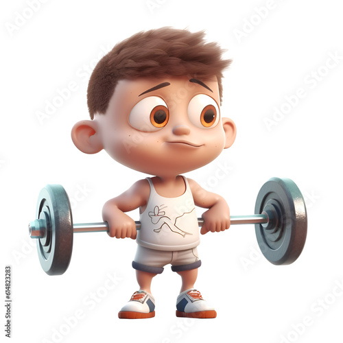 3d rendering of a little boy lifting a barbell on a white background