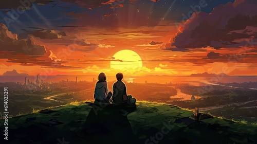 Two people sit atop a hill  embracing the serenity of nature. The vast expanse of the landscape stretches out before them  painted in soft hues of sunset. 