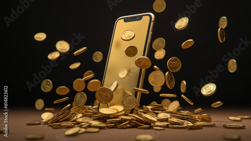 Making money online concept, mobile phone and gold coins
