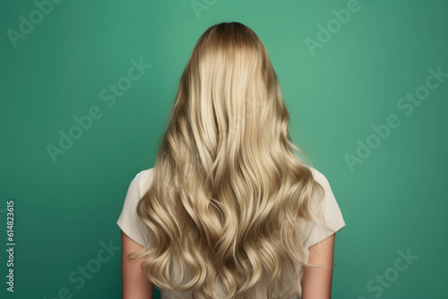 Beautiful young woman with blond stylish wavy hairdo on green background, back view
