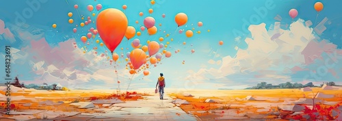 Clear blue sky, accompanied by a cluster of vibrant balloons. The person's silhouette stands out against the expanse of blue, creating a striking contrast.