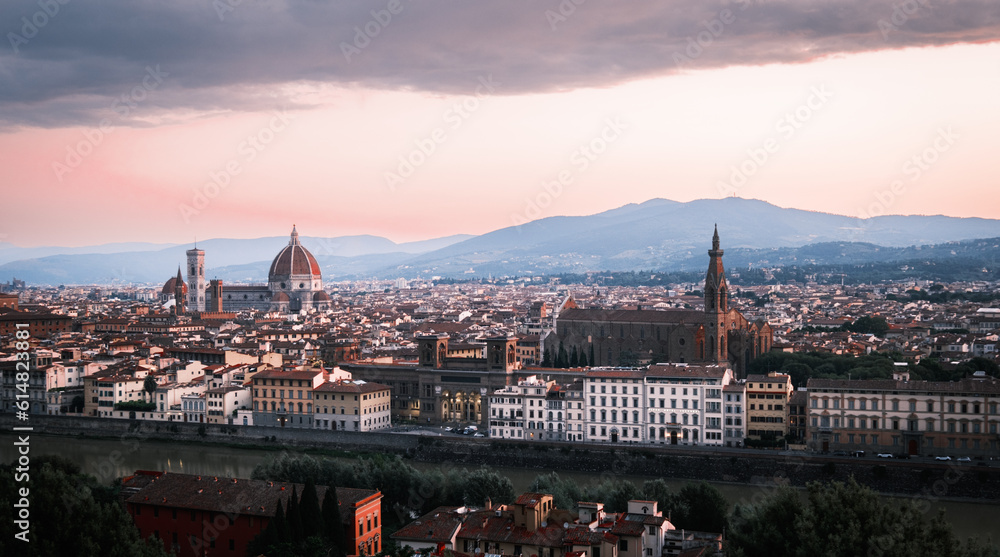 View of Florence/Firenze during sunrise from Piazzale Michelangelo, Florence, Italy. Europe Travel Concept. Cityscape.