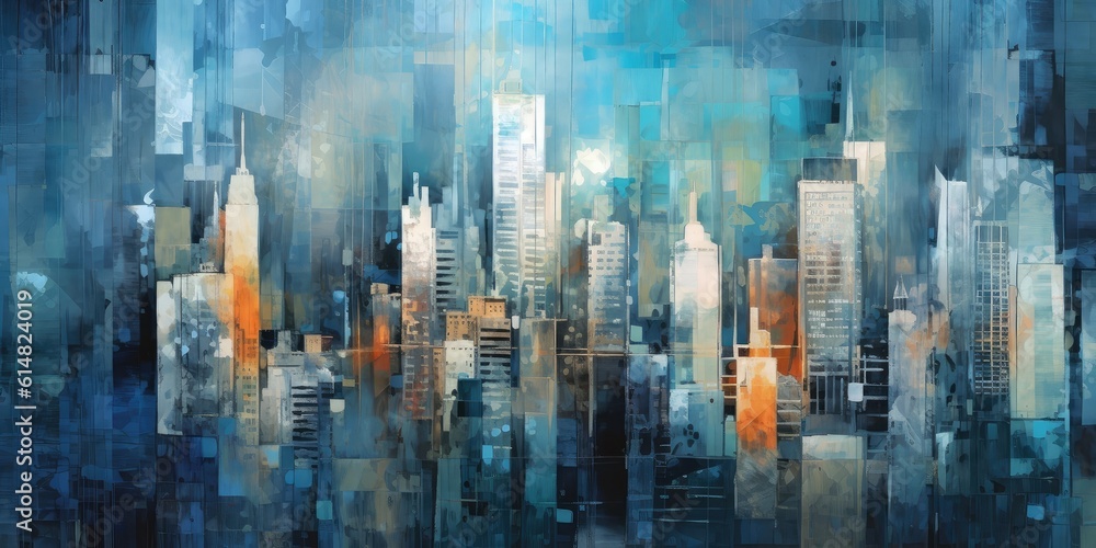 Abstract painting, the city comes to life with a burst of vibrant colors and dynamic shapes.
